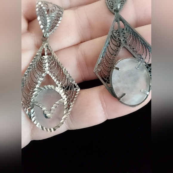 Vintage Rare Sterling Silver Earrings Hand Made With Real Stone - Picture 4 of 7